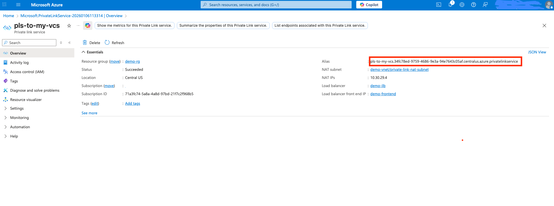 Screenshot of step 10: Copy the Private Link Service Alias